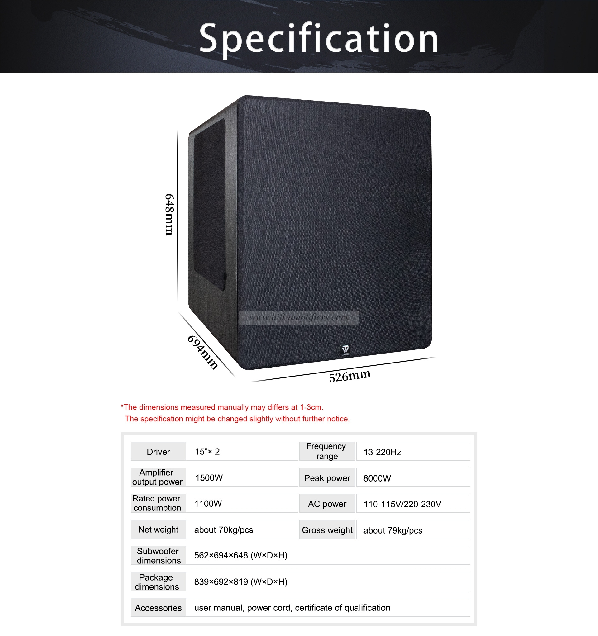 Tonewinner SW-D8000 15 PORTED SUBWOOFER 1500W A Pair