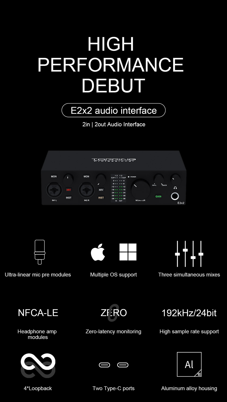 TOPPING E2x2 professional audio interface computer phone singing live streaming sound card recording mixing 2in 2out