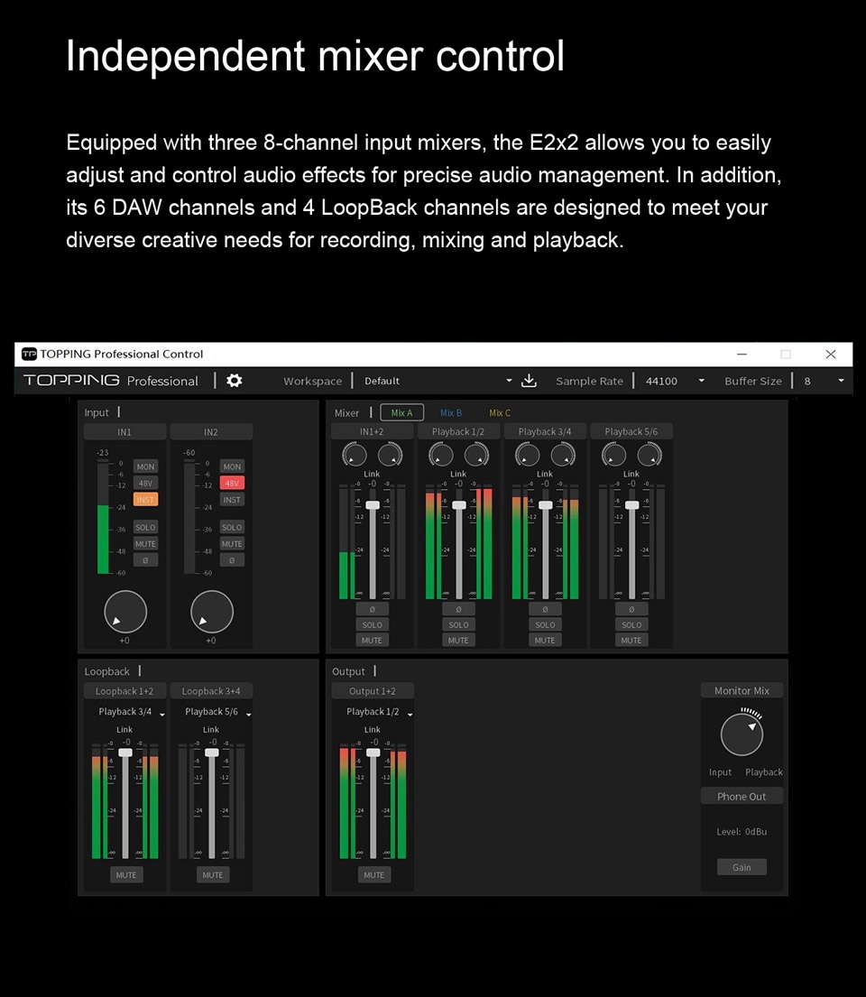 TOPPING E2x2 professional audio interface computer phone singing live streaming sound card recording mixing 2in 2out