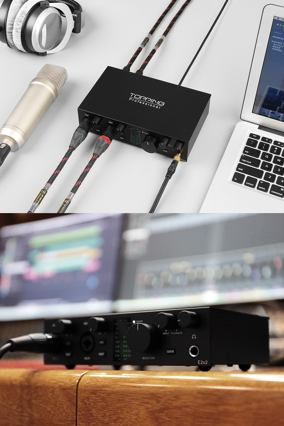 TOPPING E2x2 professional audio interface computer phone singing live streaming sound card recording mixing 2in 2out