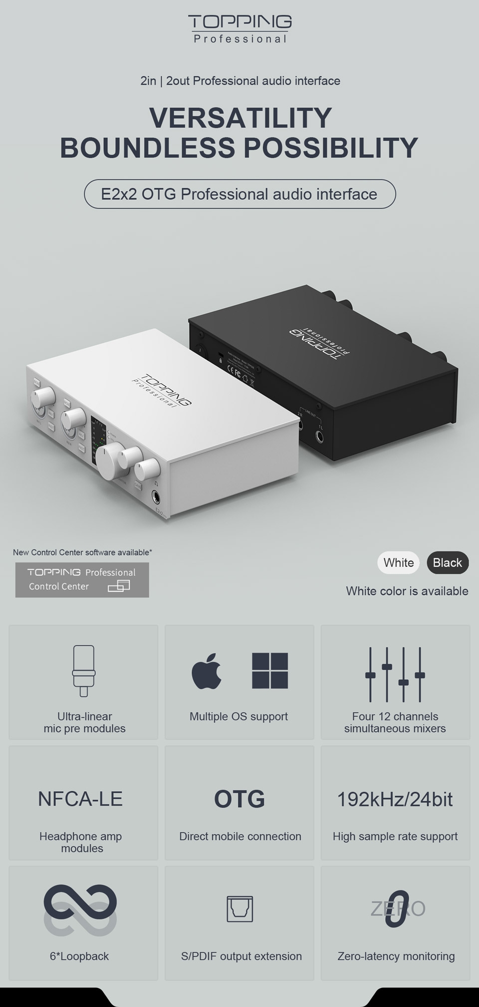 TOPPING E2x2 OTG Professional audio interface 2 in 2 out sound card 8 DAW and 6 LoopBack channels SPDIF output expansion