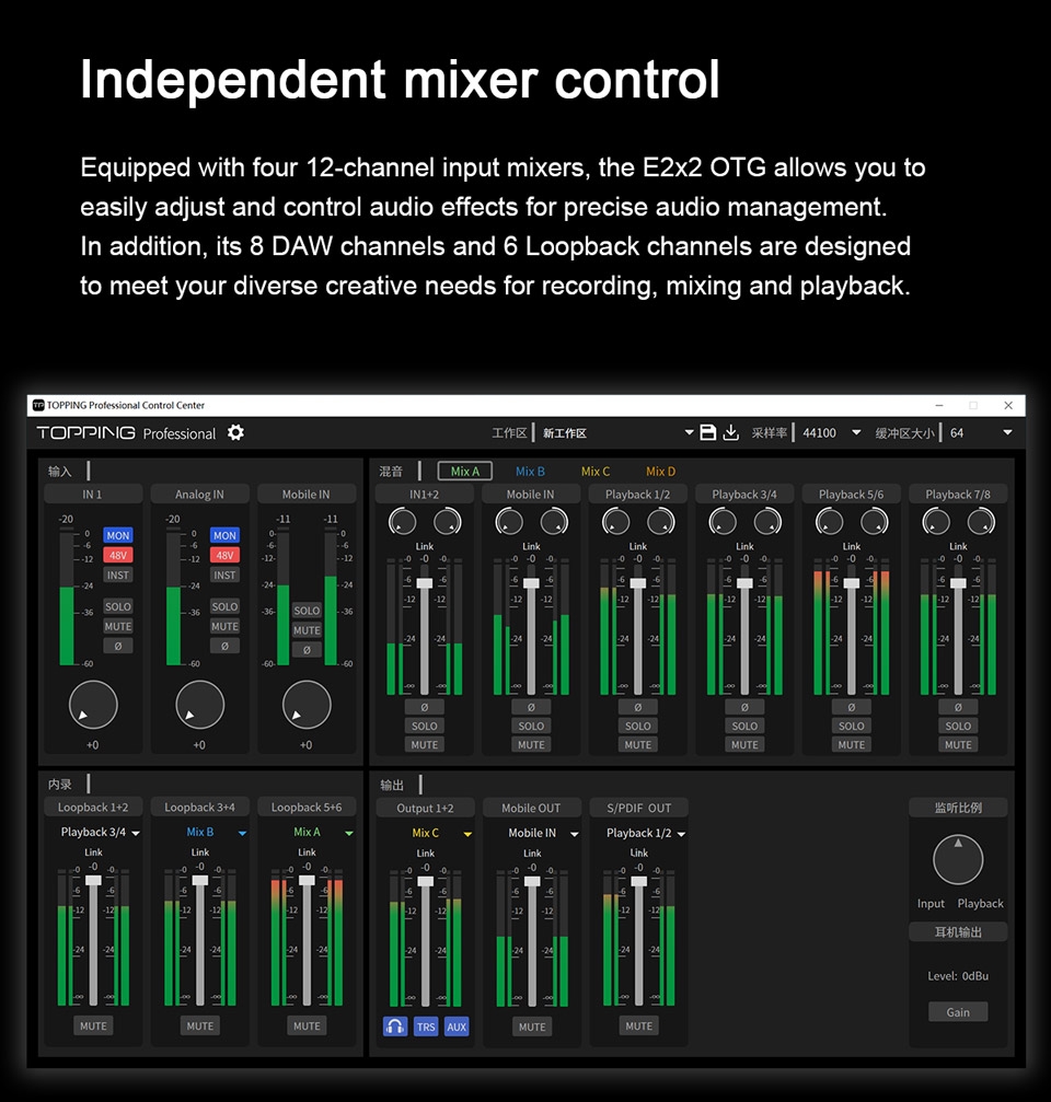 TOPPING E2x2 OTG Professional audio interface 2 in 2 out sound card 8 DAW and 6 LoopBack channels SPDIF output expansion