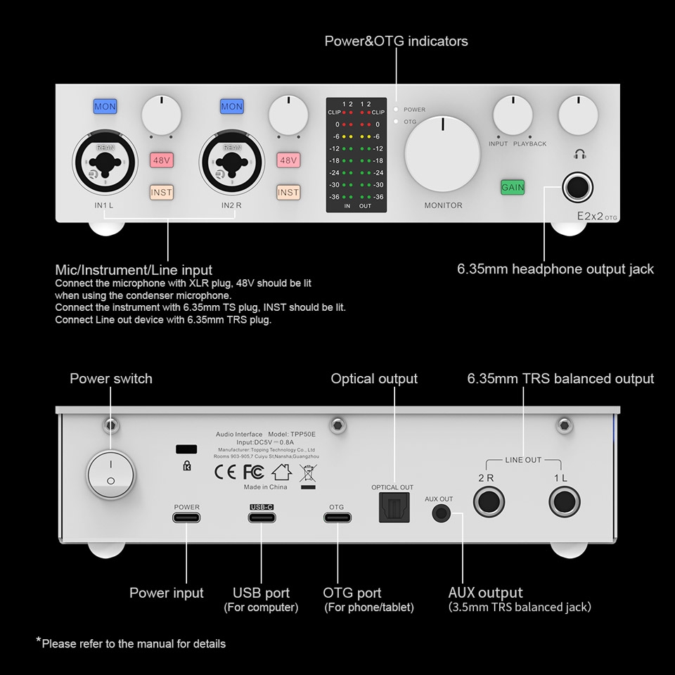 TOPPING E2x2 OTG Professional audio interface 2 in 2 out sound card 8 DAW and 6 LoopBack channels SPDIF output expansion