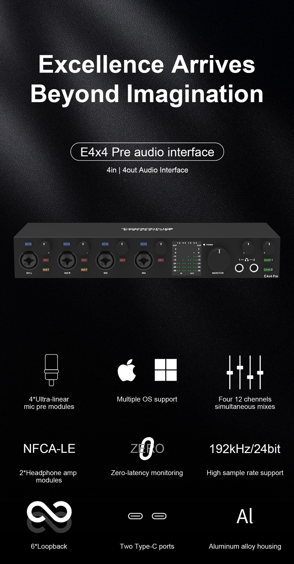 TOPPING E4x4 Pre professional audio interface computer live streaming recording mixing 8 DAW channels 4 LoopBack channels