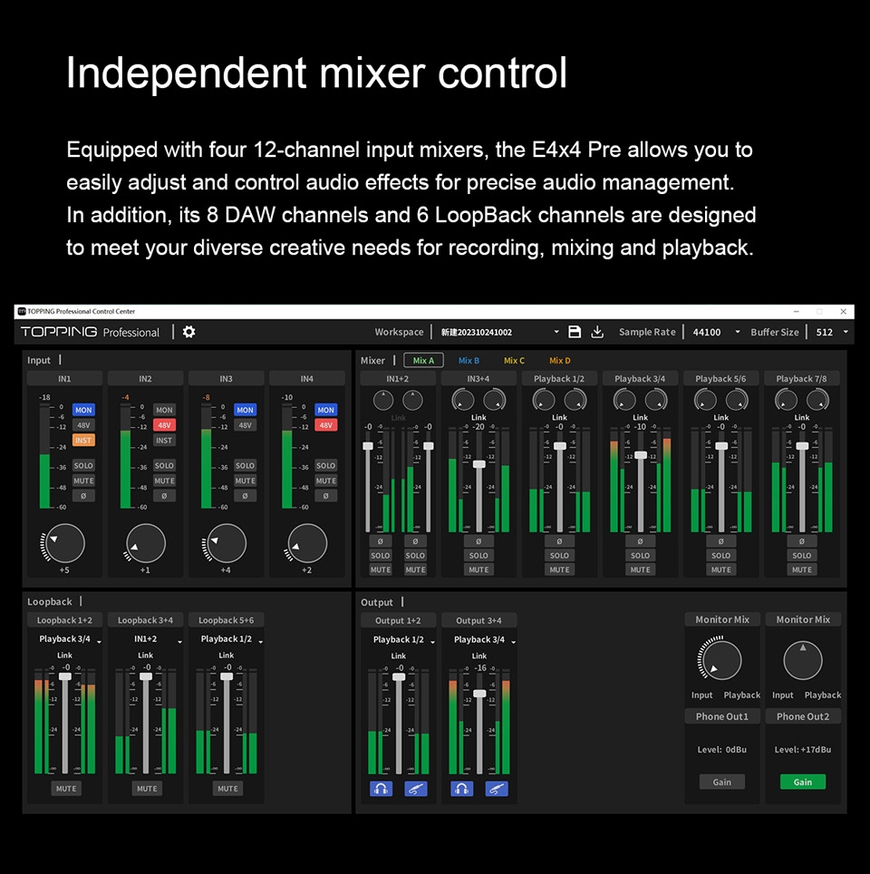 TOPPING E4x4 Pre professional audio interface computer live streaming recording mixing 8 DAW channels 4 LoopBack channels