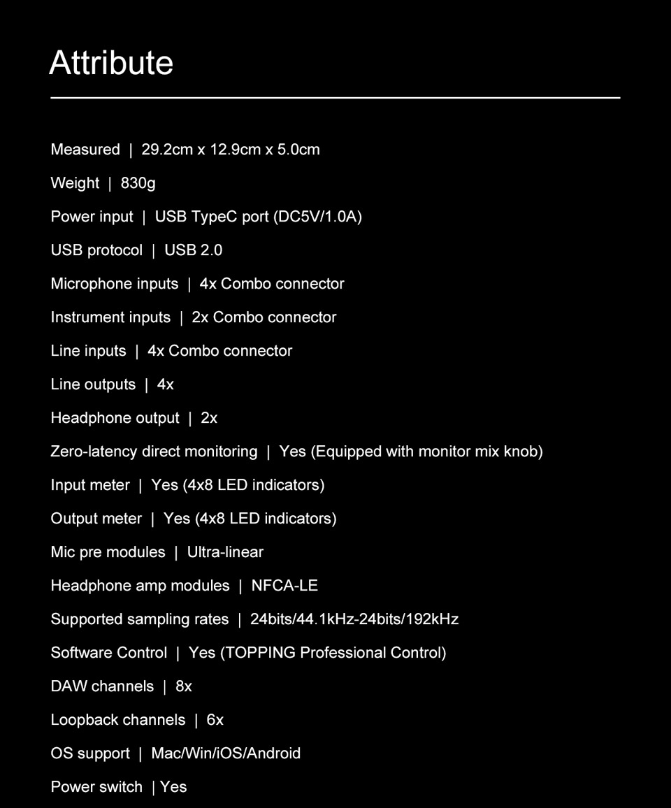 TOPPING E4x4 Pre professional audio interface computer live streaming recording mixing 8 DAW channels 4 LoopBack channels