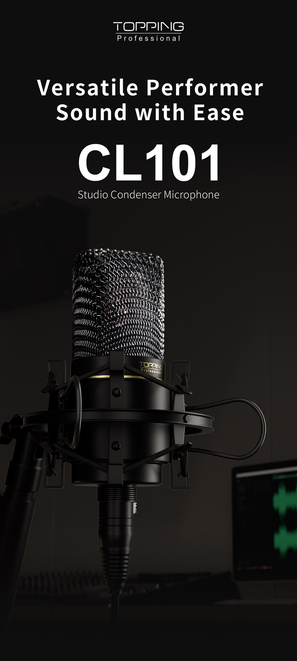 TOPPING CL101 Studio Condenser Microphone - Cardioid Polar Pattern, Ultra-Low Noise, 34mm Gold-Plated Capsule, Professional Reco