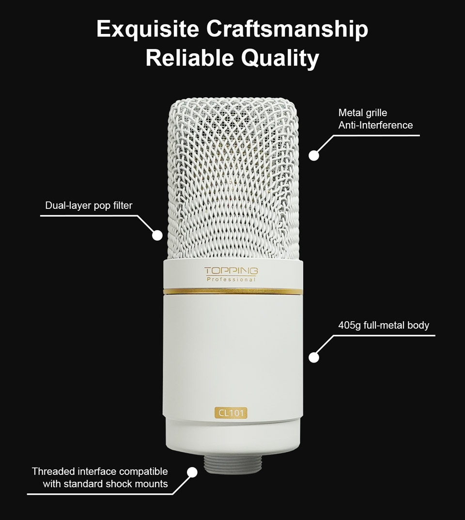 TOPPING CL101 Studio Condenser Microphone - Cardioid Polar Pattern, Ultra-Low Noise, 34mm Gold-Plated Capsule, Professional Reco