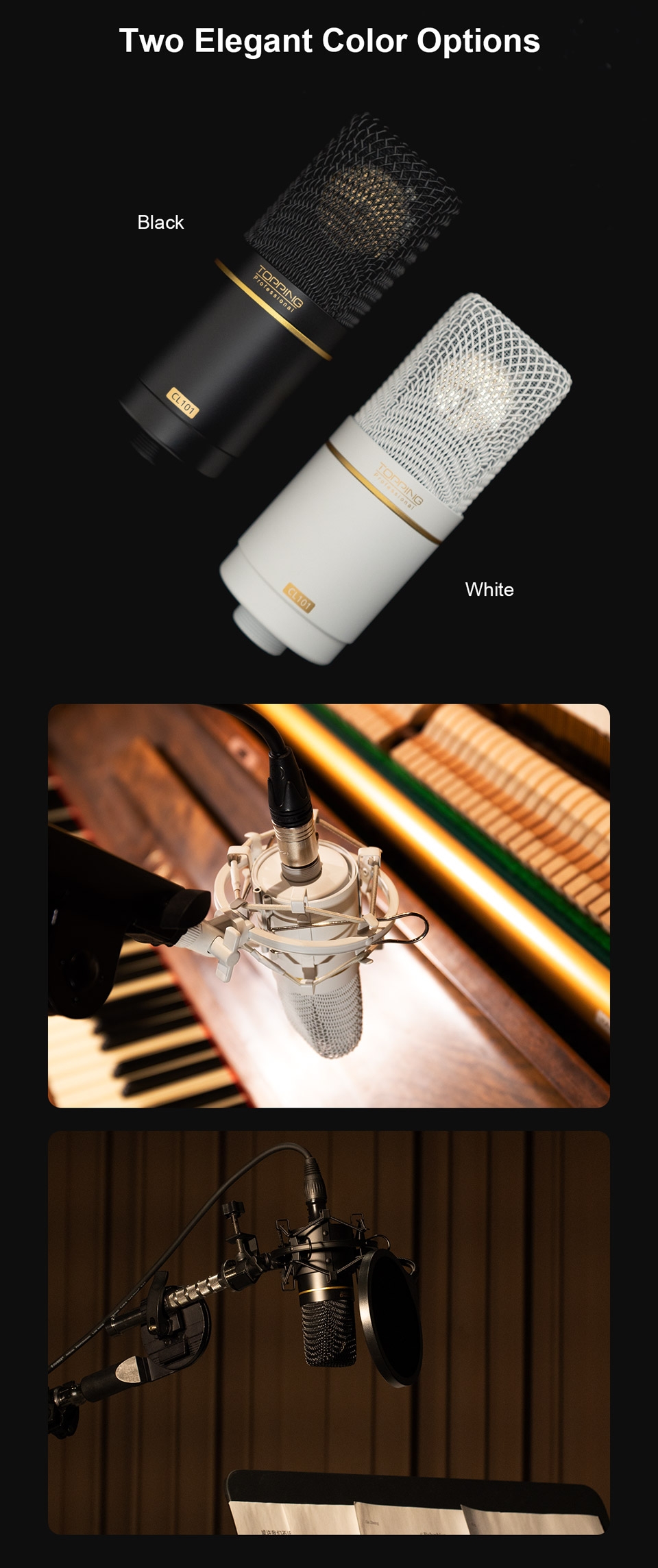 TOPPING CL101 Studio Condenser Microphone - Cardioid Polar Pattern, Ultra-Low Noise, 34mm Gold-Plated Capsule, Professional Reco