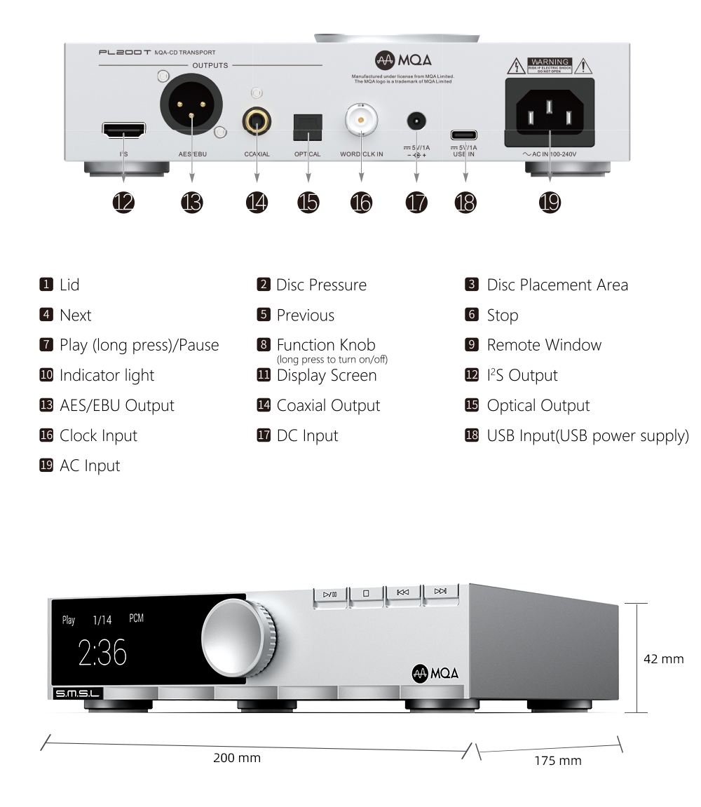 SMSL PL200T MQA CD Player Hi-End Class HIFI CD Digital Turntable Machine Reference Level Functions Support MQA Clock input