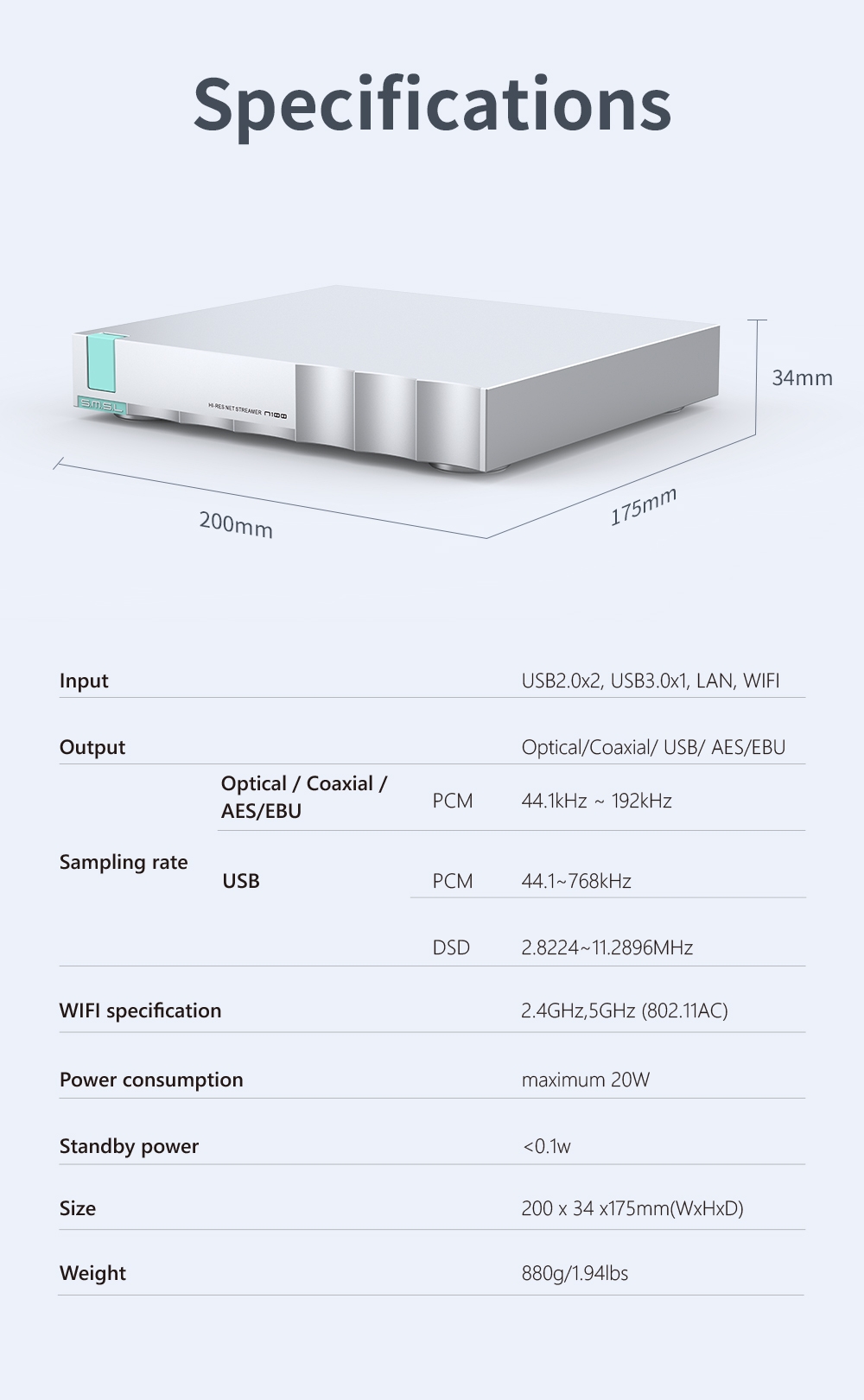 SMSL N100 Hi-Res Net streamer support all Functions of VOLUMIO supports TIDAL / QOBUZ Airplay / DLNA / ROON WIFI