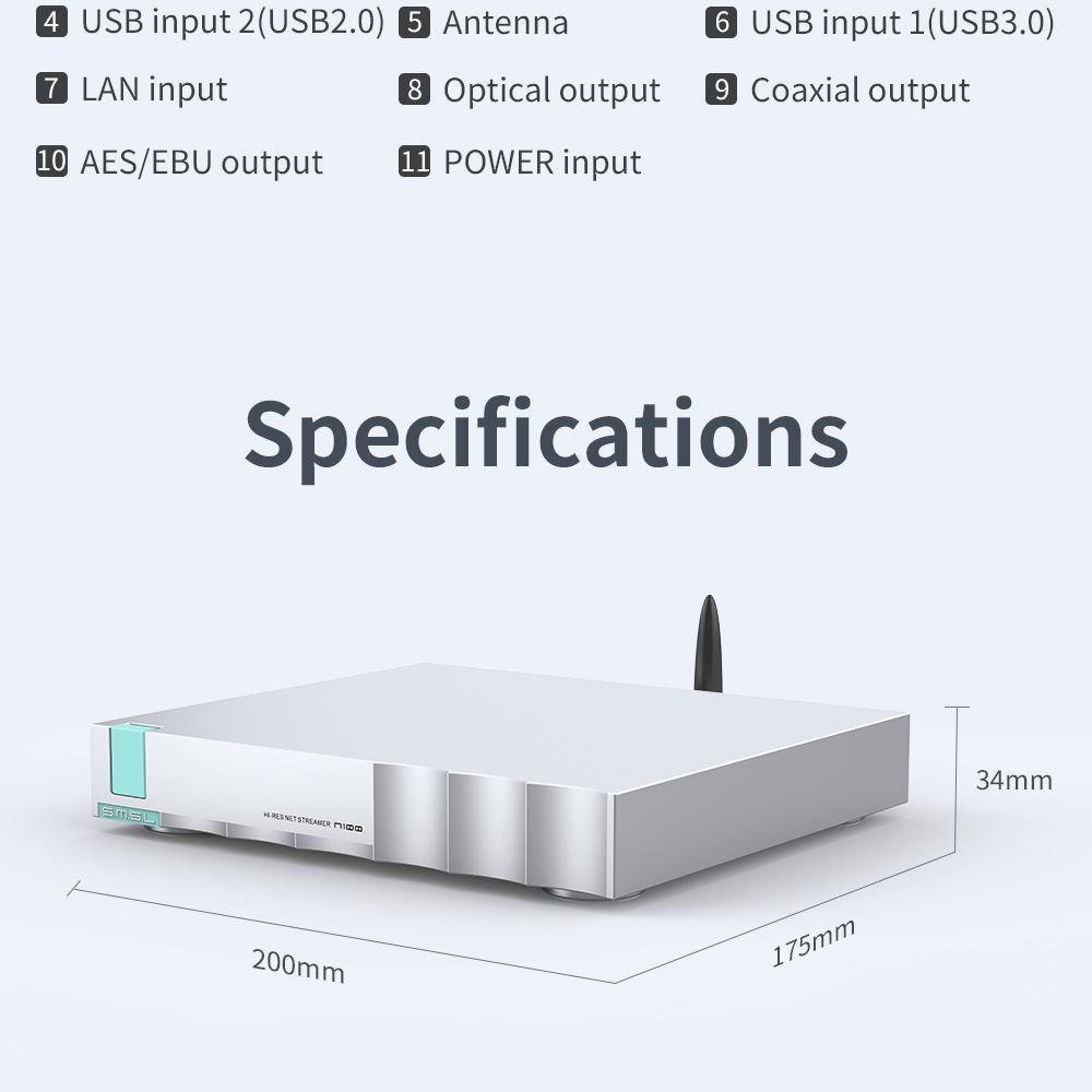 SMSL N100 Hi-Res Net streamer support all Functions of VOLUMIO supports TIDAL / QOBUZ Airplay / DLNA / ROON WIFI