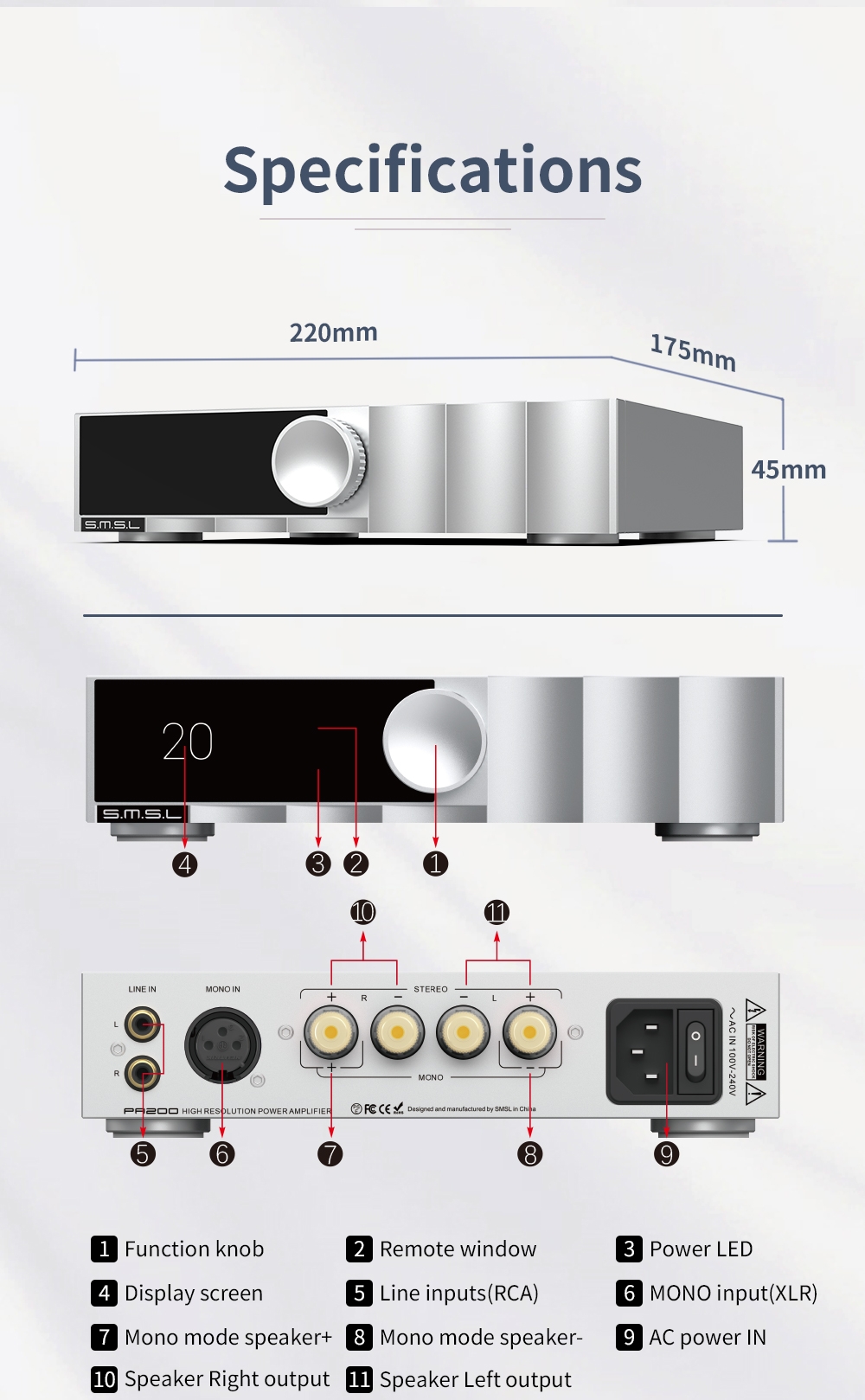 SMSL PA200 Gallium Nitride Power Amplifier New GaN FET Pure AMP MONO Switching Frequency up to 1Mhz